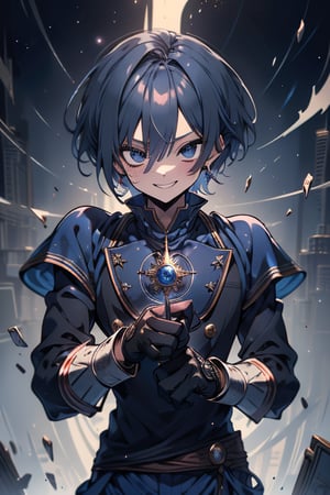 Man, dark blue hair, blue magician tunica, wide pants, friendly face, egocentric, black gloves, happy smile, masterpiece, detailed, high quality, absurd, killer, prediction magician, very short hair, masterpiece, excellent quality , excellent quality, perfect face.



