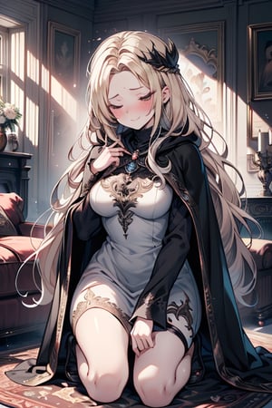 masterpiece, detailed, high quality, absurd, blindfirekeeper, 1girl, alone, blush, medium breasts, curvy, transparent white dress, black cape, black robe like a clairvoyant, guardian of the future, friendly smile, blonde, long hair, living room astrology, kneeling, black tape covers his eyes.


,blindfirekeeper