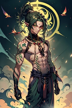 dark green hair, green eyes, hair in ponytail, Buddhist, man, green robe, wide priest's pants, the strongest creature of all, the one sent by God, the shapeshifter, long ears, defined abdomen, masterpiece, face perfect, very good quality, excellent quality, the warrior of the true gods, serious.
