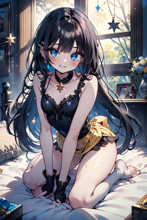 black hair, blue eyes, yellow babydoll, friendly face, killer, happy smile, bangs, masterpiece, star earrings, detailed, high quality, absurd, the strongest human of all, bearer of the world's hope masterpiece, excellent quality , excellent quality, perfect face, long hair, sexy pose, bed, small breasts

