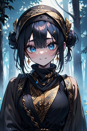 dark blue hair, blue eyes, gold kimono suit with black edges, friendly face, a black spandex that covers his entire body, headscarf, killer, happy smile, bangs, in the forest at night, masterpiece, detailed, high quality, absurd, the strongest human of all, bringer of the world's hope, short hair, black lycra, masterpiece, excellent quality, excellent quality, perfect face, medium breasts, black scarf, judge, lawyer, judge's robe , toga

