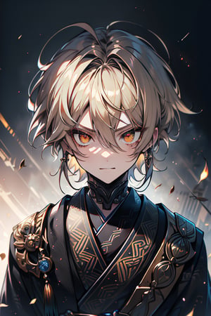 Blonde, short hair, golden eyes, asshole, man, strong, friendly, antisocial, long black kimono, silly, warrior, perfect face, good quality, excellent quality, masterpiece,
