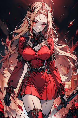 an arrogant woman, blonde, cold-blooded murderer, the final enemy of this world, medium breasts, pointed ears, vampire, eyes red like blood, smiling mischievously, red bowtie scarf, red suit with skirt with black borders, black crosses on his forehead, very pale skin, high_resolution, best quality, extremely detailed, HD, 8K, 1 girl, solo, sexy_figure, hot, 170 cm, tall_girl, LONG HAIR, DIAMOND THROAT, BLACK ASCOT, SEPARATED NECK, CENTER Ruffles, RED DRESS, RED SEPARATED SLEEVES, RED BELT, SKIRT WHITE, RED THIGH BOOTS, RED SUSPENDERS.TIARA,She represents death, the false goddess of putrefaction.

