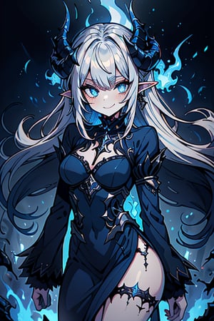 dark blue hair, deep blue eyes, aura of dark power, the primordial of the underworld, goddess of flames, sadistic, pointed ears, blue dress with white edges, right hand of lucifer, primordial goddess, masterpiece, very good quality, excellent quality , perfect face, small breasts, evil smile, egocentric, eyes with blue flames, horns, long sleeve, miniskirt, gothic, very long hair, emanates the power of destruction, adult, clothes burning with blue fire

