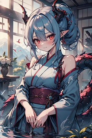 dragon woman, wingless, medium hair, shy face, blue kimono, blue hair, dragon horns, dragon tail, red eyes, dragon horns, medium breasts, beautiful, the sword maiden, tail attached to the body, her power comes from of primordial water, masterpiece, very good quality, excellent quality, perfect face, samurai, mother of the family, master of combat, wise, bangs that cover her eyes,hair up,Japanese house,pointy ears.
