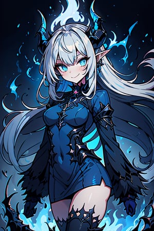 dark blue hair, deep blue eyes, aura of dark power, the primordial of the underworld, goddess of flames, sadistic, pointed ears, blue dress with white edges, right hand of lucifer, primordial goddess, masterpiece, very good quality, excellent quality , perfect face, small breasts, evil smile, egocentric, eyes with blue flames, horns, long sleeve, miniskirt, gothic, very long hair, emanates the power of destruction, adult, clothes burning with blue fire

