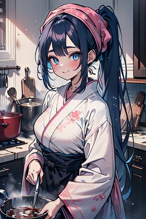 dark blue hair, blue eyes, simple pink kimono, friendly face, headscarf, happy smile, poor, no bangs, masterpiece, detailed, high quality, absurd, milf, face wrinkles, housewife, long hair with ponytail, masterpiece, excellent quality, excellent quality, perfect face, medium breasts, poor, peasant, dirty clothes, cook, kitchen.

,monadef
