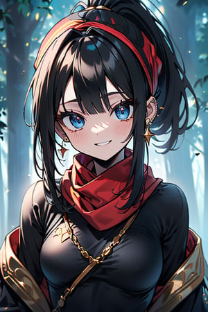 black hair, blue eyes, yellow Kimono
 outfit with black edges, a red scarf with gold stripes, the edges have small golden touches, friendly face, a black spandex that covers her entire body, headscarf, killer, happy smile , bangs, in the forest at night, masterpiece, star earrings, detailed, high quality, absurd, the strongest human of all, bringer of the world's hope, hair in ponytail,black lycra, masterpiece, excellent quality, excellent quality, perfect face.

