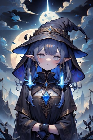 dark hair with blue tones, black witch clothes, moon earrings, gray eyes, dark circles, sleepy, dream witch, pointy ears, elf.
,niji