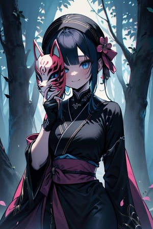 dark blue hair, blue eyes, pink kimono outfit with black edges, friendly face, a black spandex that covers his entire body, headscarf, killer, happy smile, bangs, in the forest at night, masterpiece, detailed, high quality, absurd, the strongest human of all, bringer of the world's hope, short hair, black lycra, black pantyhouse, masterpiece, excellent quality, excellent quality, perfect face, medium breasts,mask on hand, (fox mask, mask on the hand, put on mask),ribbon with bow at the waist, long kimono.

