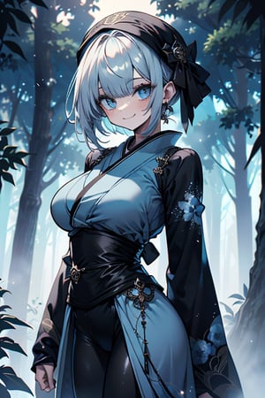 white blue hair, blue eyes, blue kimono outfit with black edges, friendly face, a black spandex that covers his entire body, headscarf, killer, happy smile, bangs, in the forest at night, masterpiece, detailed, high quality, absurd, the strongest human of all, bringer of the world's hope, short hair, black lycra, masterpiece, excellent quality, excellent quality, perfect face, medium breasts

