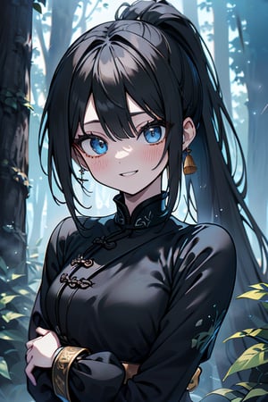 black hair, blue eyes, yellow qipao with black edges, friendly face, black pantyhouse, killer, happy smile, bangs, in the forest at night, masterpiece, detailed, high quality, absurd, the strongest human of all, bearer of the hope of the world, hair in a ponytail, long sleeves, masterpiece, excellent quality, excellent quality, perfect face, small breasts.
