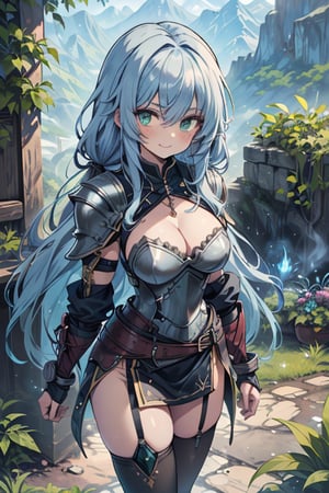 Woman with light blue hair, big, tall, the strongest warrior in the world, plate armor, cold jacket, pantyhouse, bracers, chest, green eyes, friendly, free spirit, religious, valley of plants, no bangs, long hair , charming smile, a wonderful person, medium breasts, long stockings,
