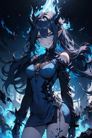 blue hair, deep blue eyes, aura of dark power, the primordial of the underworld, goddess of flames, sadistic, pointed ears, blue dress with white edges, right hand of lucifer, primordial goddess, masterpiece, very good quality, excellent quality , perfect face, small breasts, evil smile, egocentric, eyes with blue flames, horns, long sleeve, miniskirt, gothic, very long hair, emanates the power of destruction, adult, clothes burning with blue fire

