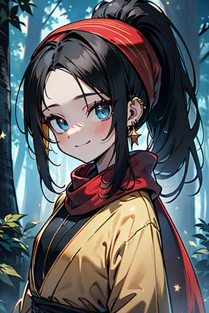 black hair, blue eyes, yellow Kimono
 outfit with black edges, a red scarf with gold stripes, the edges have small golden touches, friendly face, a black spandex that covers her entire body, headscarf, killer, happy smile , bangs, in the forest at night, masterpiece, star earrings, detailed, high quality, absurd, the strongest human of all, bringer of the world's hope, hair in ponytail,black lycra, masterpiece, excellent quality, excellent quality, perfect face.

