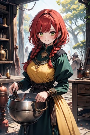 noble woman, princess, red hair, long braid, medium chest, blacksmith, druid, green eyes, yellow dress, good quality, masterpiece, height, blacksmith clothing, loved by nature, kind face, noble smile, leader, articles blacksmith, cauldron, blacksmith workshop.
