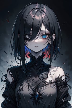 a young woman with long, straight black hair, messy and worn hair, very pale skin, one eye black and the other white, an enigmatic, melancholic, anxious, introspective expression, her clothing is minimalist, lonely, broken, enigmatic expression, perfect face, masterpiece, monster, very good quality, heterochromia



,Touka,olantilene