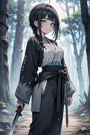 kind woman, black hair, medium hair, hair in braid down to her back, a single braid, dirty clothes, warrior, beast tamer, the killer of gods, black eyes, old clothes, alone, forest, kind smile, innocent, breasts small, tall woman, amazon, samurai, gray kimono jacket ideal for combat, wide pants, happy, friendly, good person, katanas sheathed at her waist, masterpiece, good quality, swords well positioned at her waist, good hands, aquamarine belt.



,hinata(boruto)