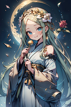 light green hair, blue eyes, kimono with long skirt, golden tiana, friendly face, self-centered, food lover, money lover, magic style long sleeve dress, happy smile, masterpiece, moon earrings, detailed, tall quality, absurd, teleportation magician, long hair with roses, masterpiece, excellent quality, excellent quality, perfect face, green hair, loli, small breasts, small height, golden clothes, extravagant clothes.



