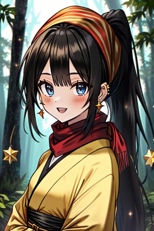 black hair, blue eyes, yellow Kimono
 outfit with black edges, a red scarf with gold stripes, the edges have small golden touches, friendly face, a black spandex that covers her entire body, headscarf, killer, happy smile , bangs, in the forest at night, masterpiece, star earrings, detailed, high quality, absurd, the strongest human of all, bringer of the world's hope, hair in ponytail,black lycra, masterpiece, excellent quality, excellent quality, perfect face.

