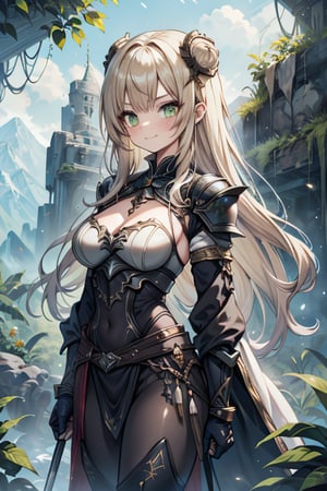 Woman with light blonde hair, big, tall, the strongest warrior in the world, plate armor, cold jacket, pantyhouse, bracers, chest, green eyes, friendly, free spirit, religious, valley of plants, no bangs, long hair , charming smile, a wonderful person, medium breasts, long stockings, long pants, long robe,golden armor, black clothes, groomed hair
