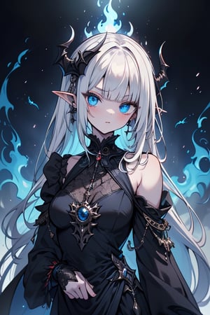 white hair, deep blue eyes, aura of dark power, the most powerful being in the world, the most powerful vampire on earth, queen of darkness, lost look, pointed ears, black dress with blue borders, killer of gods, the one who I finished with Lucifer, incarnation of the dragon gods, masterpiece, very good quality, excellent quality, perfect face,small breasts, serious and arrogant face, quiet, kuudere, eyes with blue flames, looking down, as if she were on top of the world,fancy clothes, fancy dress, lots of bangs.