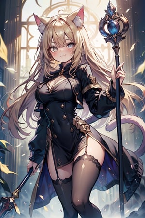 blonde, golden eyes, scholar, black jacket, elegant white, long golden stockings, confident smile, cat ears, 1 cat tail, nekomata, arrogant, narcissite, the most intelligent woman in the world, bearer of the eyes of knowledge, the combat genius, laughter, masterpiece, good quality, excellent quality, AIR_BETWEEN_EYES, STAFF, golden eyes, the pride fairy, long hair, perfect face, bright pupils (finely detailed). beautiful eyes,
