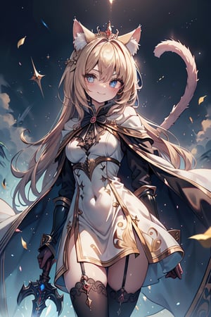 blonde, golden eyes, scholar, golden sorceress robe, queen's crown, long black stockings, smile, cat ears, 1 cat tail, nekomata, arrogant, narcissite, the most intelligent woman in the world, bearer of the eyes of knowledge , the genius of combat, laughter, masterpiece, good quality, excellent quality, AIR_BETWEEN_EYES, golden eyes, the fairy of pride, long hair, perfect face, bright pupils, (beautiful finely detailed eyes), metal dress, indomitable warrior, king's white cape, infinite swords.
