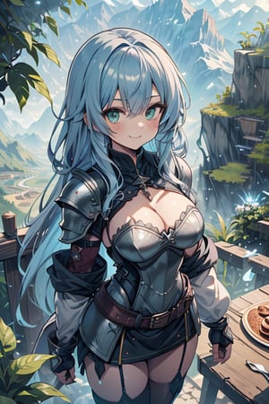 Woman with light blue hair, big, tall, the strongest warrior in the world, plate armor, cold jacket, pantyhouse, bracers, chest, green eyes, friendly, free spirit, religious, valley of plants, no bangs, long hair , charming smile, a wonderful person, medium breasts, long stockings,
