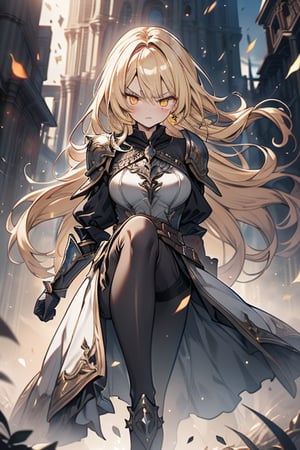 blonde, golden eyes, angry look, long hair, desert knight, hates magic, candys a long elegant white tunic, armor on her hands, legs and arms, gray and white dress, appearance of a warrior, strong woman, scars all over the body, golden eyes, perfect face, very good quality, masterpiece, excellent quality,yellow eyes,blonde hair, black pantyhose
