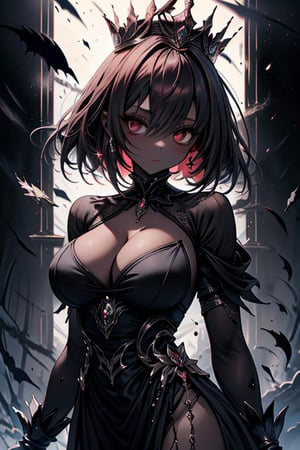 The queen of the abyss, queen costume, dark red hair, short hair, long dress close to the body, black eyes, the fastest woman in the world, tall, powerful, crown, the supreme empress, masterpiece, good quality, excellent quality , good resolution. Penetrating, expressive eyes and an athletic, powerful figure that reflects her skill in combat, pure darkness, alone, she is the darkness, the night, no light is seen, dark room, skin gray as ash, dark skin.
