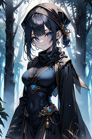 dark blue hair, blue eyes, gold kimono suit with black edges, friendly face, a black spandex that covers his entire body, headscarf, killer, happy smile, bangs, in the forest at night, masterpiece, detailed, high quality, absurd, the strongest human of all, bringer of the world's hope, short hair, black lycra, masterpiece, excellent quality, excellent quality, perfect face, medium breasts, black scarf, judge, lawyer, judge's robe , toga

