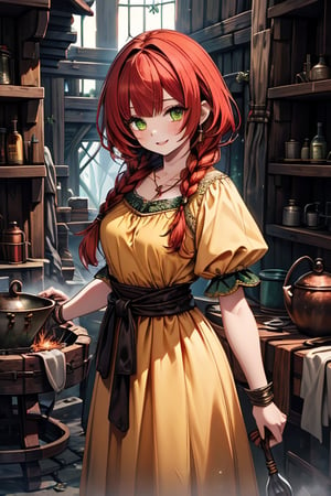 noble woman, princess, red hair, long braid, medium chest, blacksmith, druid, green eyes, yellow dress, good quality, masterpiece, height, blacksmith clothing, loved by nature, kind face, noble smile, leader, articles blacksmith, cauldron, blacksmith workshop.
