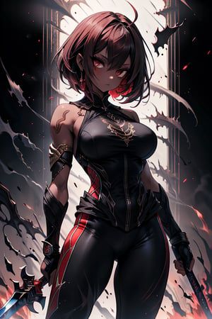 The queen of the abyss, formidable warrior, dark red hair, short hair, black combat lycra close to the body, black eyes, the fastest woman in the world, tall, powerful, red spear, masterpiece, good quality, Excellent quality, good resolution. Penetrating, expressive eyes and an athletic, powerful figure that reflects her combat prowess,  pure darkness, alone, she is the darkness, the night, no light is seen, dark room,skin gray as ash,dark skin.