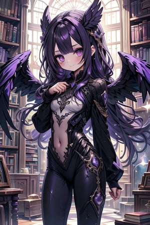 bird wings, purple hair, long hair, teenager, 14 years old, genius, the smartest woman in the world, confident, purple eyes, no bangs, wizard combat suit, black leggings, magic library, lover of knowledge, capricious, enthusiastic, slight smile, protective of her family, masterpiece, good quality, very good quality, excellent quality, perfect face, Amazon woman, brown wings, big wings, wavy hair, small woman, loli.
