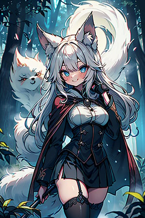 white hair, blue eyes, vintage style cape, friendly face, skirt, killer, happy smile, blows, in the forest at night, masterpiece, detailed, high quality, absurd, the most human force of all, bearer of hope world, long hair, black stockings, masterpiece, excellent quality, perfect face, medium breasts, kitsune ears, kitsune tail.

