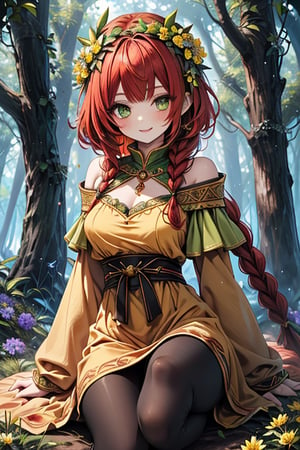 noble woman, princess, red hair, long braid, forest, medium chest, warrior, druid, green eyes, yellow dress,  good quality, masterpiece, hight,black pantyhose,loved by nature, kind face, noble smile, leader,green flower priestess costume,  flower crown.
