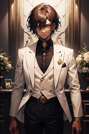 man, dark skin, French, white tuxedo, elegant, rich, the man with the imperturbable mind, expressionless, arrogant, lonely, seeks freedom, millionaire, he is the son of the richest man in the world, masterpiece, high quality, 4k, very good resolution,herochromatic, golden right eye and orange left eye, Brown hair,short hair, black and white vest, gold belt, gem rings.
