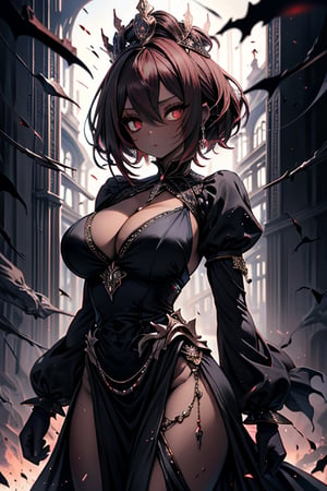 The queen of the abyss, queen costume, dark red hair, short hair, long dress close to the body, black eyes, the fastest woman in the world, tall, powerful, crown, the supreme empress, masterpiece, good quality, excellent quality , good resolution. Penetrating, expressive eyes and an athletic, powerful figure that reflects her skill in combat, pure darkness, alone, she is the darkness, the night, no light is seen, dark room, skin gray as ash, dark skin.
