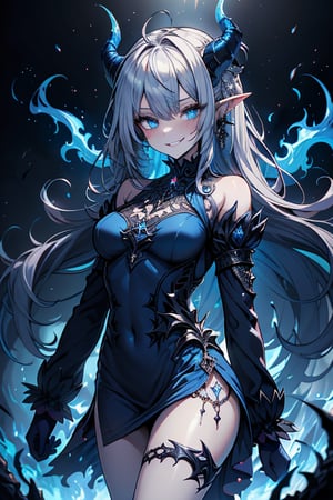 dark blue hair, deep blue eyes, aura of dark power, the primordial of the underworld, goddess of flames, sadistic, pointed ears, blue dress with white edges, right hand of lucifer, primordial goddess, masterpiece, very good quality, excellent quality , perfect face, small breasts, evil smile, egocentric, eyes with blue flames, horns, long sleeve, miniskirt, gothic, very long hair, emanates the power of destruction, adult, clothes burning with blue fire

