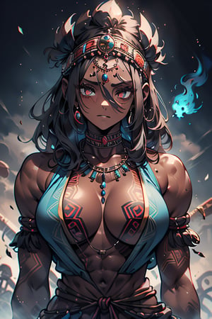 giant, muscular, ugly face, curly hair, black skin, Indian, tribal clothing, Mayan clothing, bone necklace.,dark skin,tan