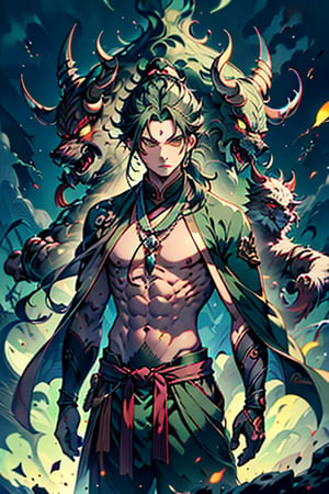 dark green hair, green eyes, hair in a ponytail, Buddhist, man, green robe, wide priest's pants, the strongest creature of all, the one sent by God, the shapeshifter, defined abdomen, masterpiece, perfect face, very good Quality, excellent quality, the warrior of the true gods, serious, monk,1boy