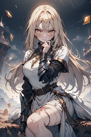 blonde, golden eyes, angry look, long hair, desert knight, hates magic, candys a long elegant white tunic, armor on her hands, legs and arms, gray and white dress, appearance of a warrior, strong woman, scars all over the body, golden eyes, perfect face, very good quality, masterpiece, excellent quality.
