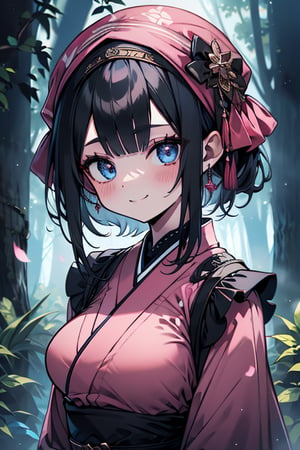 dark blue hair, blue eyes, pink kimono outfit with black edges, friendly face, a black spandex that covers his entire body, headscarf, killer, happy smile, bangs, in the forest at night, masterpiece, detailed, high quality, absurd, the strongest human of all, bringer of the world's hope, short hair, black lycra, masterpiece, excellent quality, excellent quality, perfect face, medium breasts

