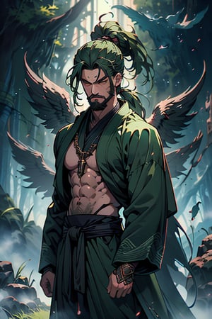 dark green hair, green eyes, hair in a ponytail, Buddhist, man, green robe, wide priest's pants, the strongest creature of all, the one sent by God, the shapeshifter, defined abdomen, masterpiece, perfect face, very good Quality, excellent quality, the warrior of the true gods, serious, monk,1boy, beard
