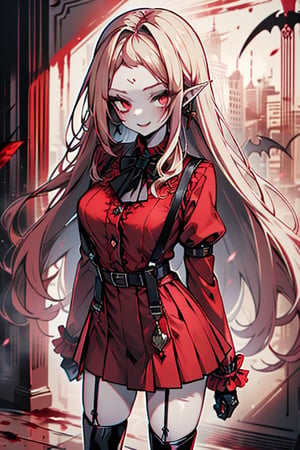 an arrogant woman, blonde, cold-blooded murderer, the final enemy of this world, medium breasts, pointed ears, vampire, eyes red like blood, smiling mischievously, red bowtie scarf, red suit with skirt with black borders, black crosses on his forehead, very pale skin, high_resolution, best quality, extremely detailed, HD, 8K, 1 girl, solo, sexy_figure, hot, 170 cm, tall_girl, LONG HAIR, DIAMOND THROAT, BLACK ASCOT, SEPARATED NECK, CENTER Ruffles, RED DRESS, RED SEPARATED SLEEVES, RED BELT, SKIRT WHITE, RED THIGH BOOTS, RED SUSPENDERS