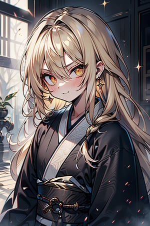 Blonde, long hair, golden eyes, asshole, man, strong, friendly, antisocial, long black kimono, silly, warrior, perfect face, good quality, excellent quality, masterpiece,
