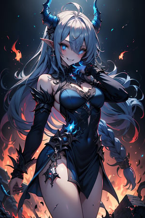 blue hair, deep blue eyes, aura of dark power, the primordial of the underworld, goddess of flames, sadistic, pointed ears, blue dress with white edges, right hand of lucifer, primordial goddess, masterpiece, very good quality, excellent quality , perfect face, small breasts, evil smile, egocentric, eyes with blue flames, horns, long sleeve, miniskirt, gothic, very long hair, emanates the power of destruction, adult, clothes burning with blue fire

