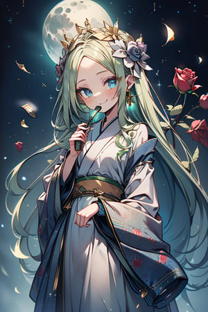 light green hair, blue eyes, kimono with long skirt, golden tiana, friendly face, self-centered, food lover, money lover, magic style long sleeve dress, happy smile, masterpiece, moon earrings, detailed, tall quality, absurd, teleportation magician, long hair with roses, masterpiece, excellent quality, excellent quality, perfect face, green hair, loli, small breasts, small height, golden clothes, extravagant clothes.



