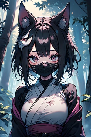 dark blue hair, pink kimono with black edges, a black spandex that covers his entire body, killer, happy smile, in the forest at night, masterpiece, detailed, high quality, absurd, the strongest human of all, bearer of the hope of the world, short hair, black lycra, masterpiece, excellent quality, excellent quality, perfect face, medium breasts, white fox mask, face completely covered, you can't see her face, white fox mask on her face, masked .

